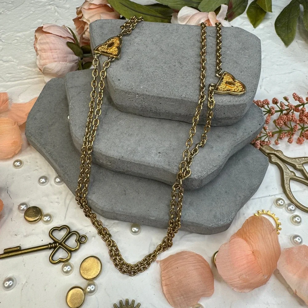 Vintage Gold Tone Multi Strand Chain Belt Long Wrap Necklace Textured Heart 48